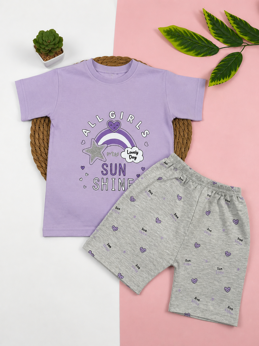 بيجامه صيفي  بناتي قطن 100% مكون من قطعتين sun shine🤍😍
