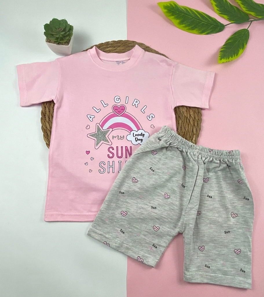 بيجامه صيفي  بناتي قطن 100% مكون من قطعتين sun shine🤍😍