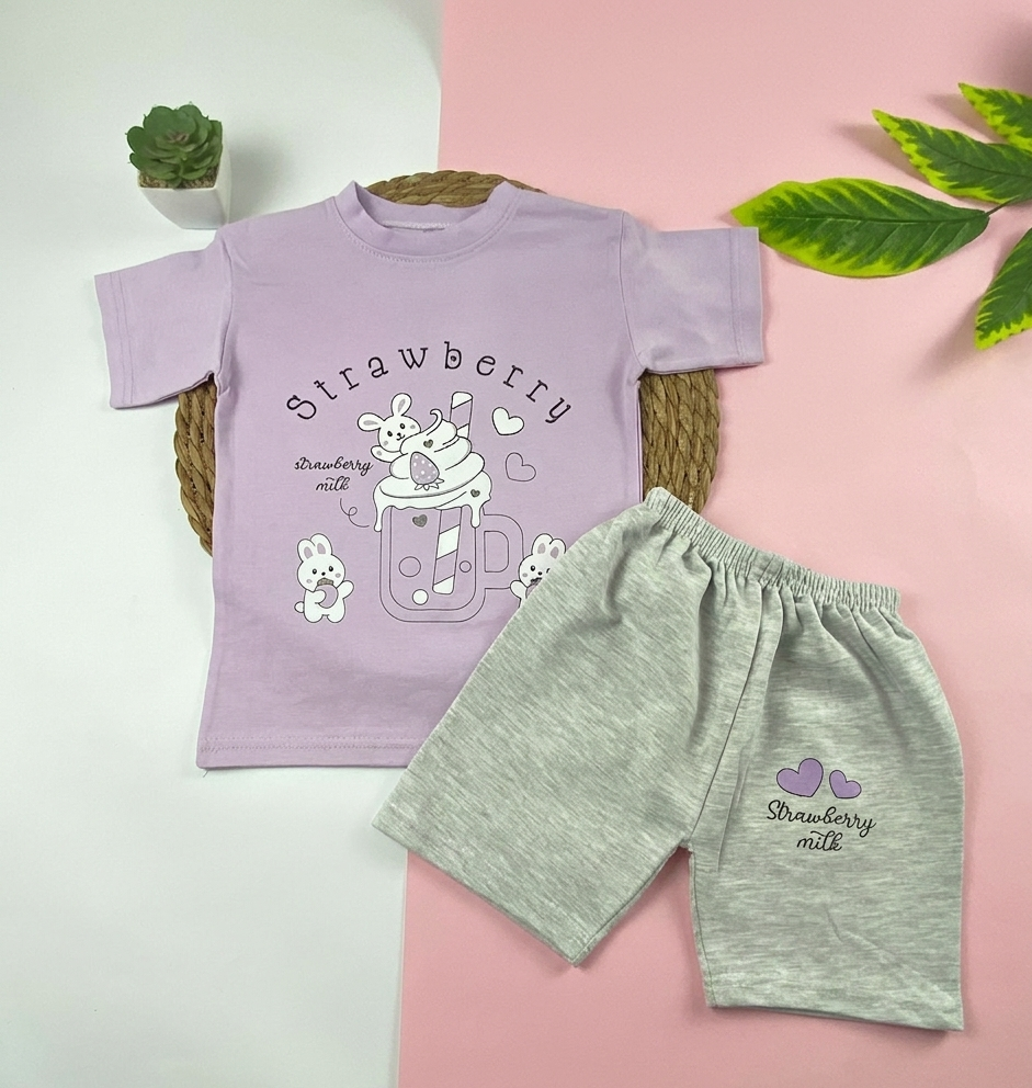 بيجامه صيفي  بناتي قطن 100% مكون من قطعتين strawberry🩷😍