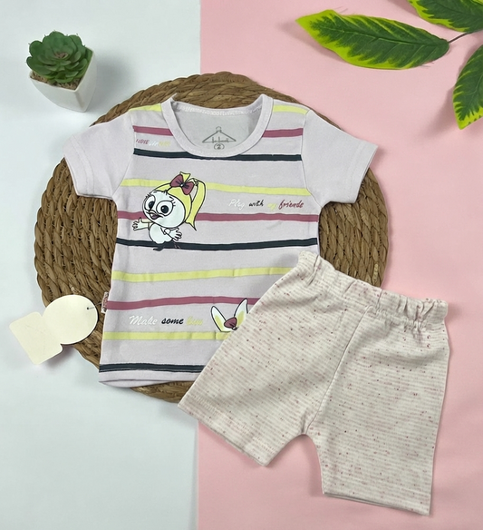 بيجامه صيفي  بناتي قطن مكون من قطعتين  رسمة عصفوره🤍😍