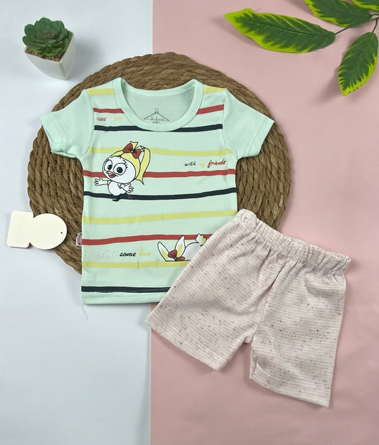 بيجامه صيفي  بناتي قطن مكون من قطعتين  رسمة عصفوره🤍😍
