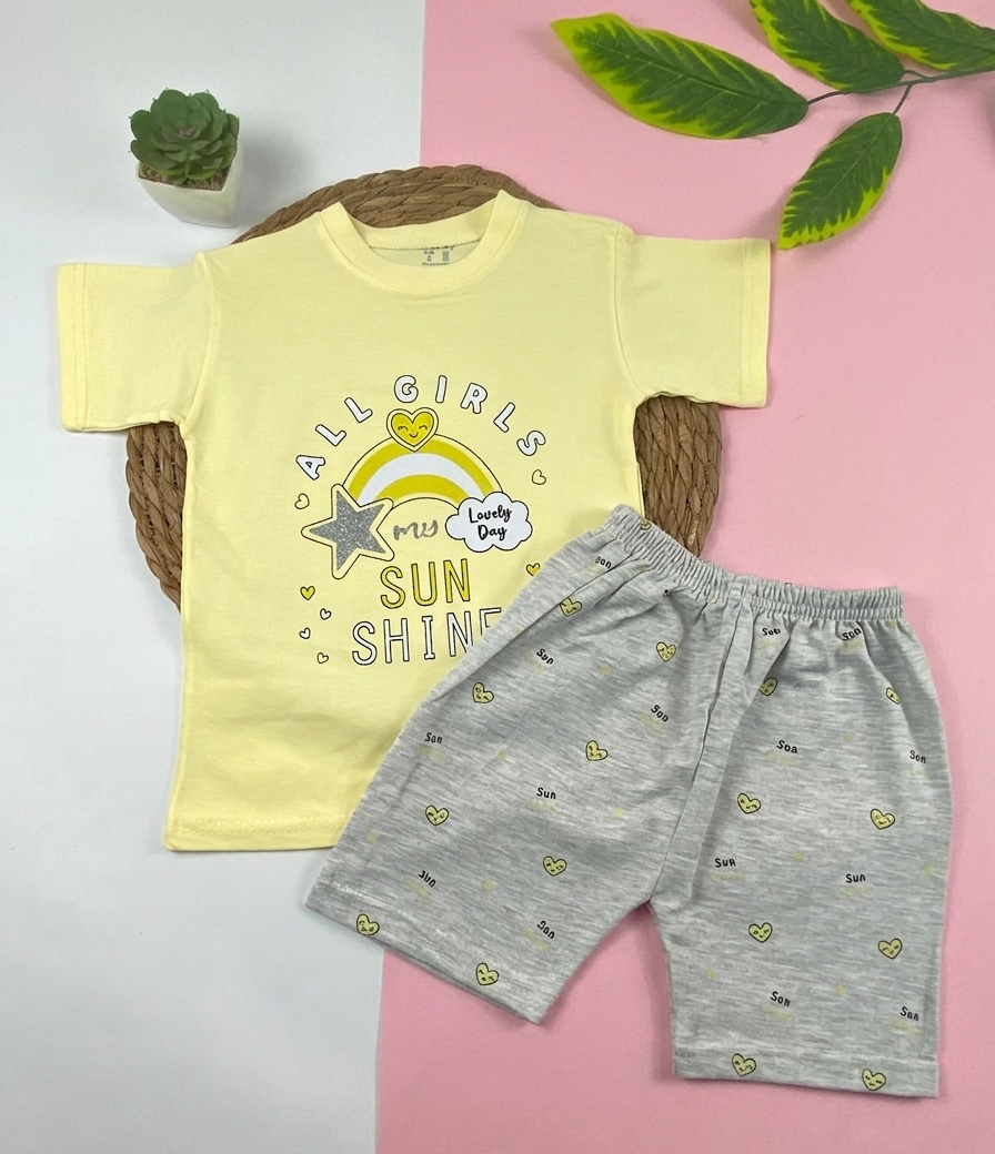 بيجامه صيفي  بناتي قطن 100% مكون من قطعتين sun shine🤍😍