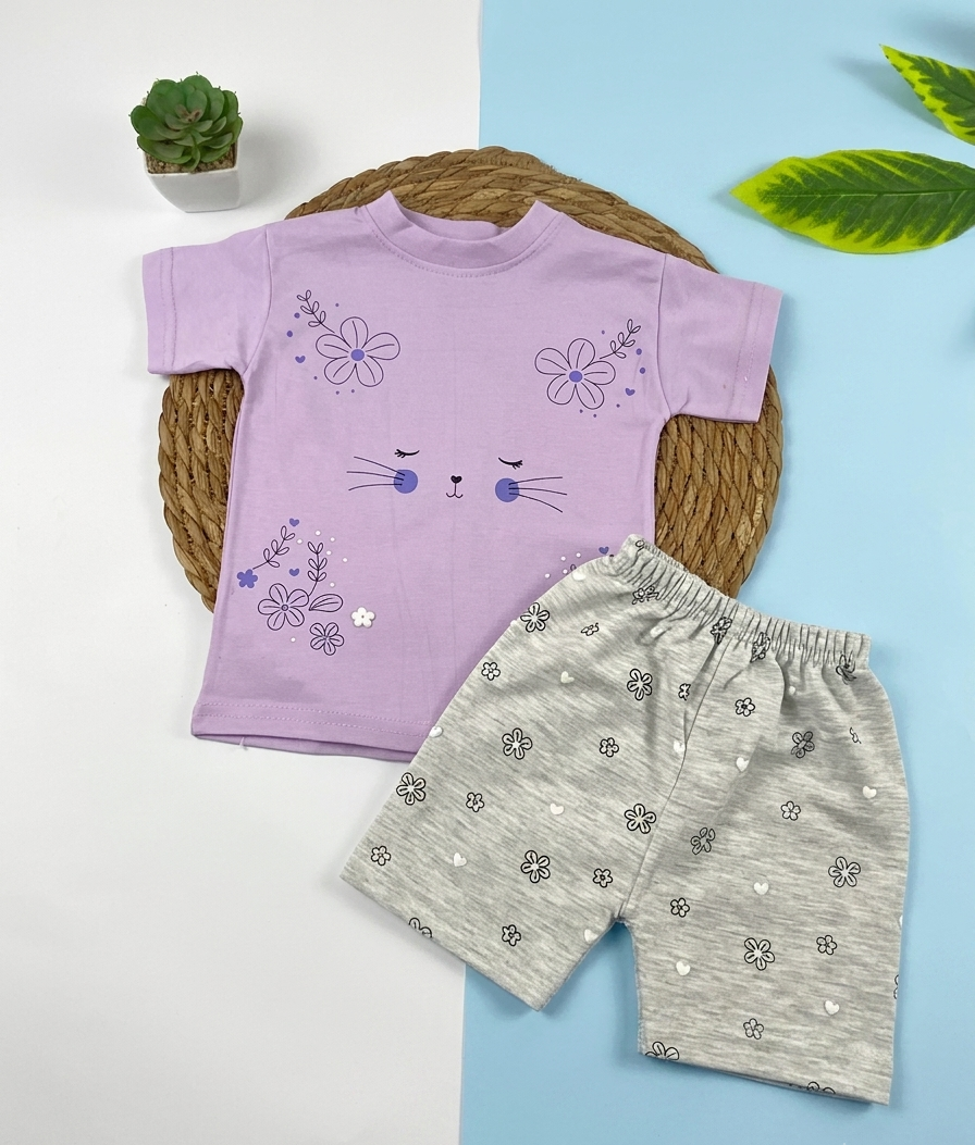 بيجامه صيفي بناتي قطن 100% مكون من قطعتين رسمة قطه🤍😍