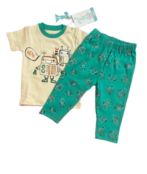 بيجامه اولادي قطن صيفي من فاني باني مكون من قطعتين رسمة روبوت 💙💙💙