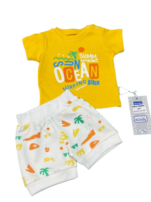 طقم خروج اولادي قطن مكون من قطعتين رسمة المحيط 🖤🩵