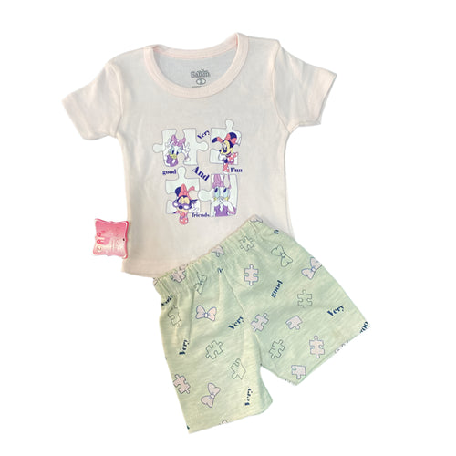 طقم بناتي صيفي رائع مكون من تيشيرت وشورت رسمة ميكي 🩷🩷