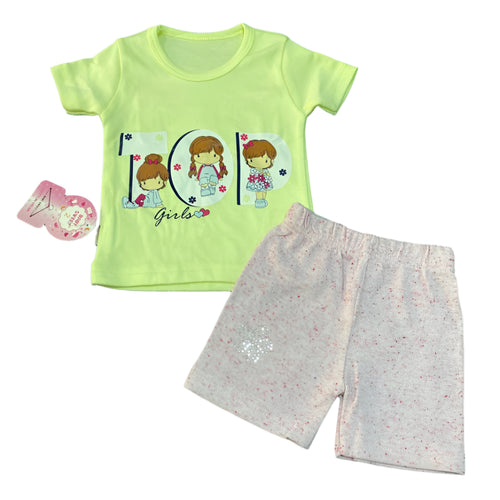 طقم بناتي صيفي رائع مكون من تيشيرت وشورت رسمة 3 بنات 🥰🩷