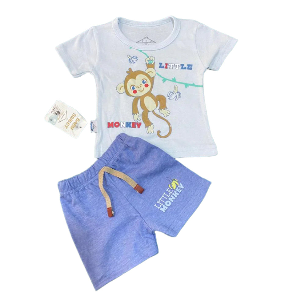 طقم اولادي قطن مكون من قطعتين برسمة قرد ❤️🤍