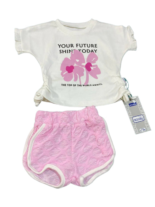 طقم بناتي مكون من قطعتين قطن رسمة ورد 🤍🤍