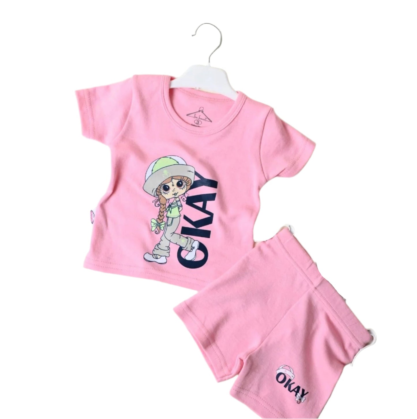 طقم بناتي قطن مكون من قطعتين  okay girl💛💚
