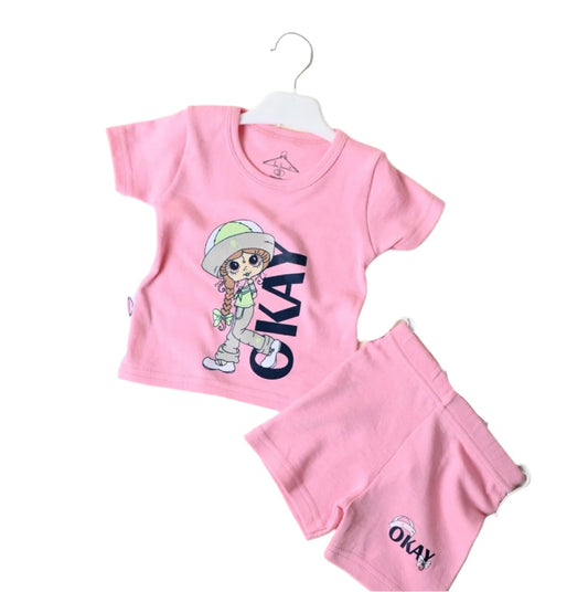 طقم بناتي قطن مكون من قطعتين  okay girl💛💚