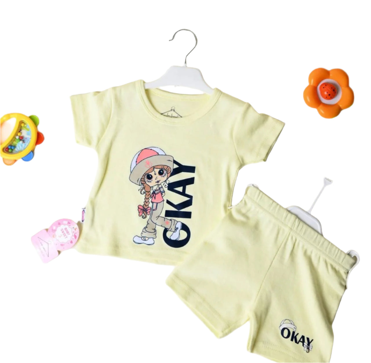 طقم بناتي قطن مكون من قطعتين  okay girl💛💚