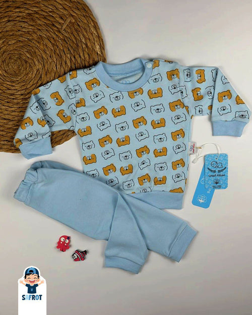 بيجامه اولادي وبناتي قطن 100% خريفي مكون من قطعتين رسمة الدب❤️⛅