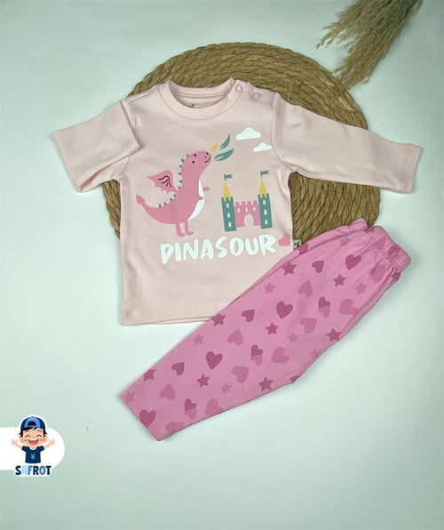 بيجامه بناتي خريفي من فاني باني مكون من قطعتين رسمة الديناصور قطن 100%🤍🩷