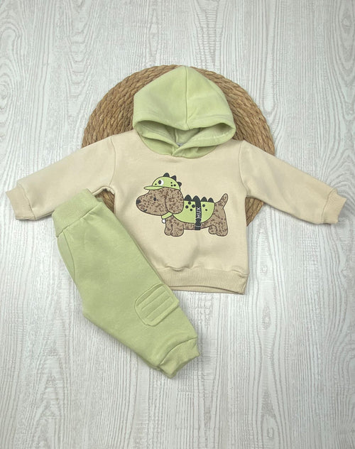 طقم شتوي ميلتون اولادي وبناتي مكون من قطعتين ومزود ب هودي. رسمة كلب🤍🤍