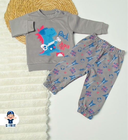 بيجامه اولادي وبناتي خريفي من فاني باني مكون من قطعتين قطن 100% rock star🤍🩷