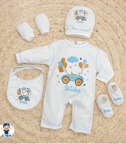 طقم السبوع والمستشفى اولادي وبناتي خامه قطن مكون من 5 قطع رسمة بلالين🤍❤️