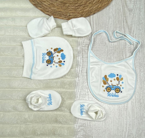 طقم السبوع والمستشفى اولادي وبناتي خامه قطن مكون من 5 قطع رسمة بلالين🤍❤️