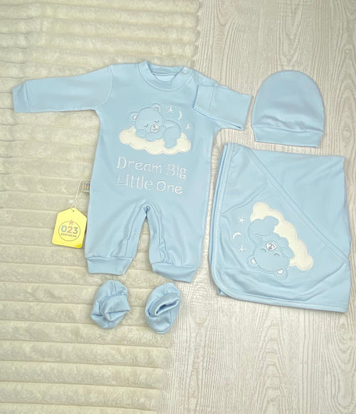 طقم مستشفي قطن 100% مكون من اربع قطع رسمة دب وسحابه 🩷💙🖤