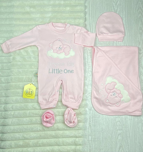 طقم مستشفي قطن 100% مكون من اربع قطع رسمة دب وسحابه 🩷💙🖤