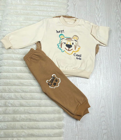 طقم اولادي وبناتي شتوي خامه ميلتون مكون من قطعتين رسمة نمر❤️🤍