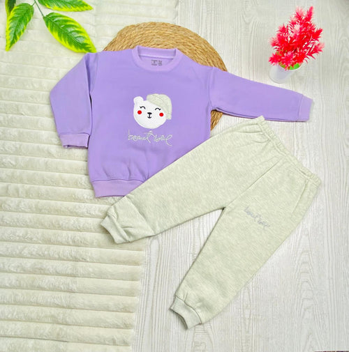 طقم بناتي شتوي خامه ميلتون مكون من قطعتين رسمة دب🩷🩷