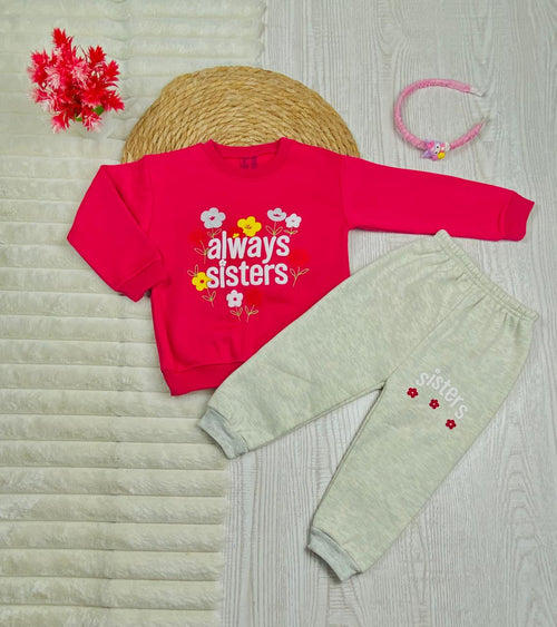 طقم بناتي شتوي خامه ميلتون مكون من قطعتين always sister❤️💞