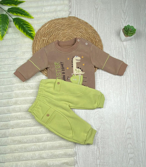 طقم شتوي ميلتون اولادي وبناتي مكون من قطعتين رسمة ديناصور🦖🦕🤍