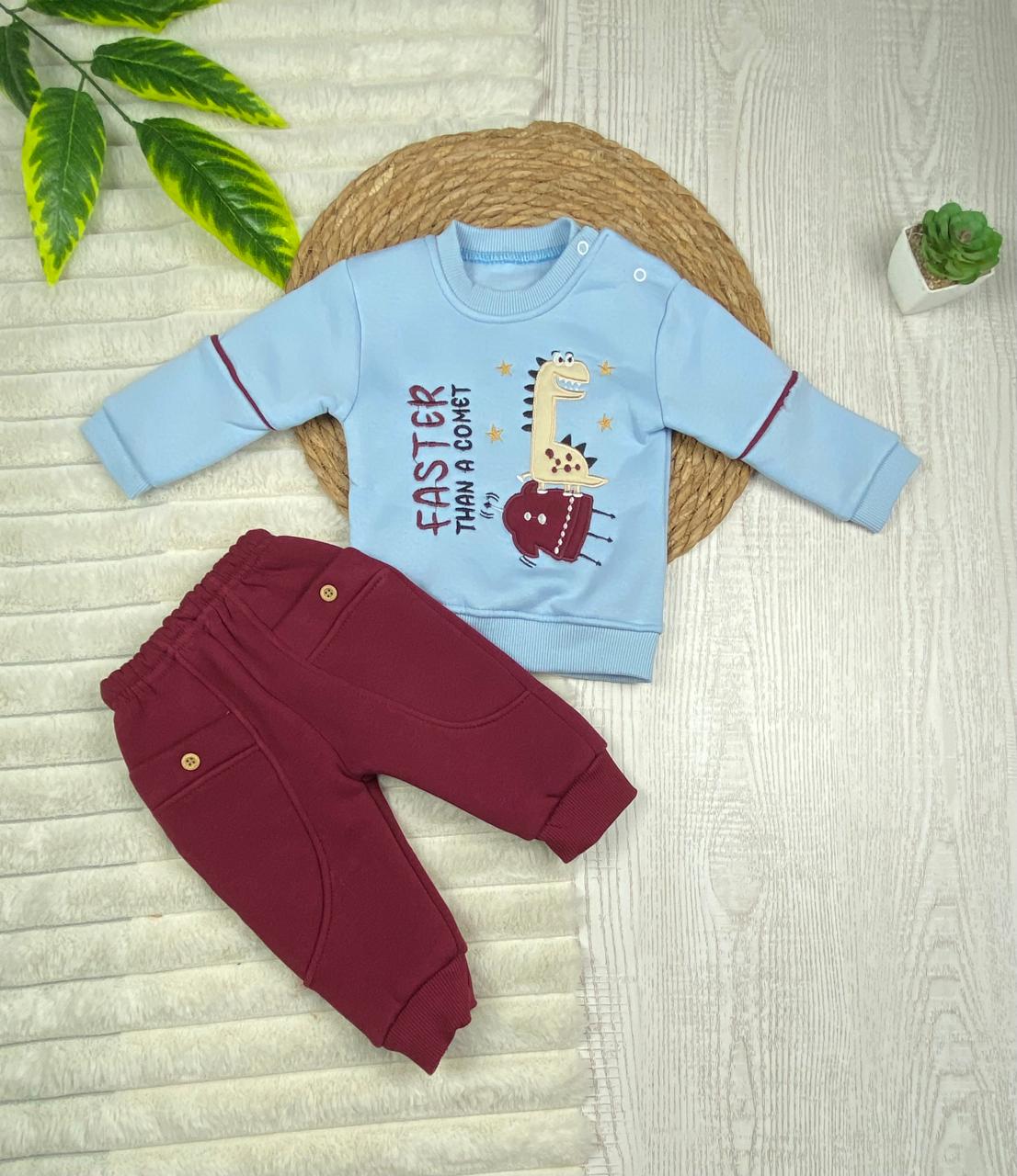 طقم شتوي ميلتون اولادي وبناتي مكون من قطعتين رسمة ديناصور🦖🦕🤍