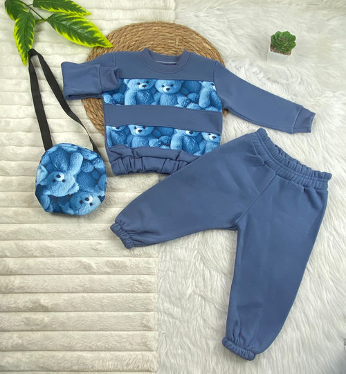 طقم اطفال شتوي خامه ميلتون مكون من 3 قطع مبطن من الداخل رسمة دبدوب🤍💙