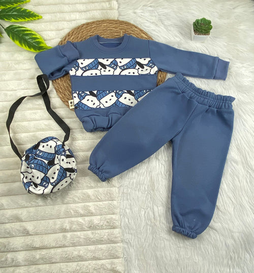 طقم اطفال شتوي خامه ميلتون مكون من 3 قطع مبطن من الداخل رسمة دببه 🤍💙