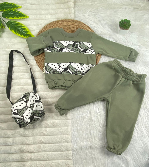 طقم اطفال شتوي خامه ميلتون مكون من 3 قطع مبطن من الداخل رسمة دببه 🤍💙