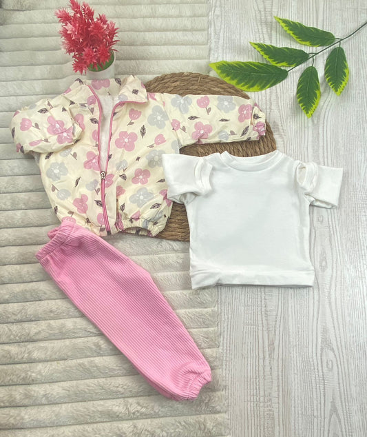 طقم خروجي بناتي مكون من 3 قطع بجاكيت وتربووف مبطن من الداخل رسمة ورد 💞❤️