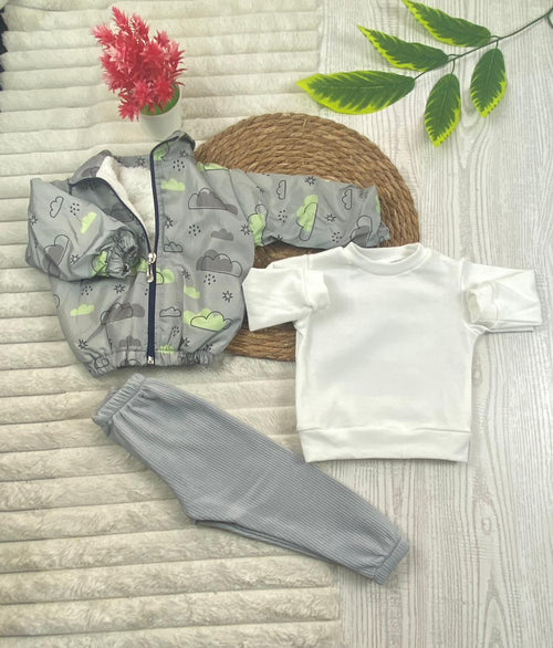 طقم خروجي اولادي وبناتي مكون من 3 قطع بجاكيت وتربووف مبطن من الداخل رسمة سحاب 💞❤️