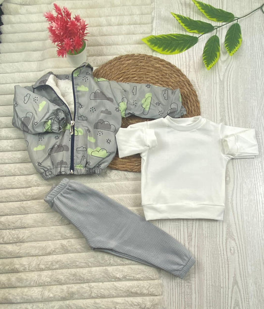 طقم خروجي اولادي وبناتي مكون من 3 قطع بجاكيت وتربووف مبطن من الداخل رسمة سحاب 💞❤️