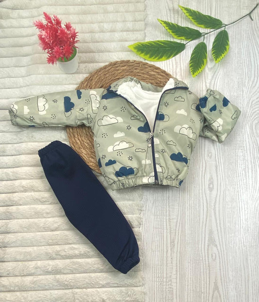 طقم خروجي اولادي وبناتي مكون من 3 قطع بجاكيت وتربووف مبطن من الداخل رسمة سحاب 💞❤️