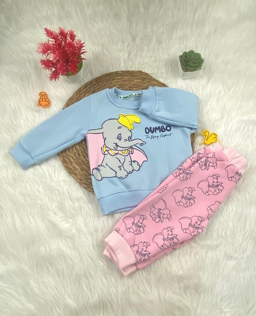 طقم شتوي ميلتون بناتي مكون من قطعتين  مبطن من الداخل رسمة الفيل 🩷🤍