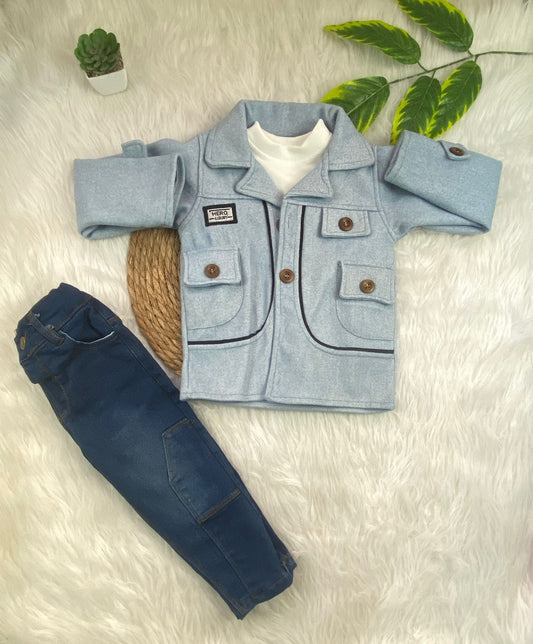 طقم خروج اولادي مكون من 3 قطع بجاكت جوخ خامه تقيله hero luxury🩵🤍