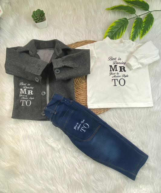 طقم خروج اولادي مكون من 3 قطع بجاكت جوخ خامه تقيله MR TO🩵🤍