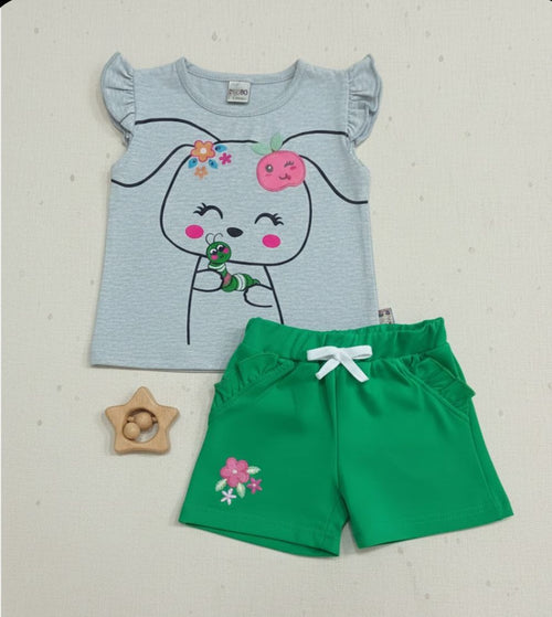 طقم خروج صيفي بناتي مكون من قطعتين رسمة التفاحه ❤️❤️