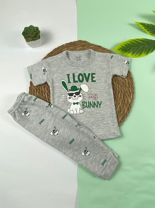 بيجامه بناتي قطن 100% مكون من قطعتين i love my bunny 🤍😍