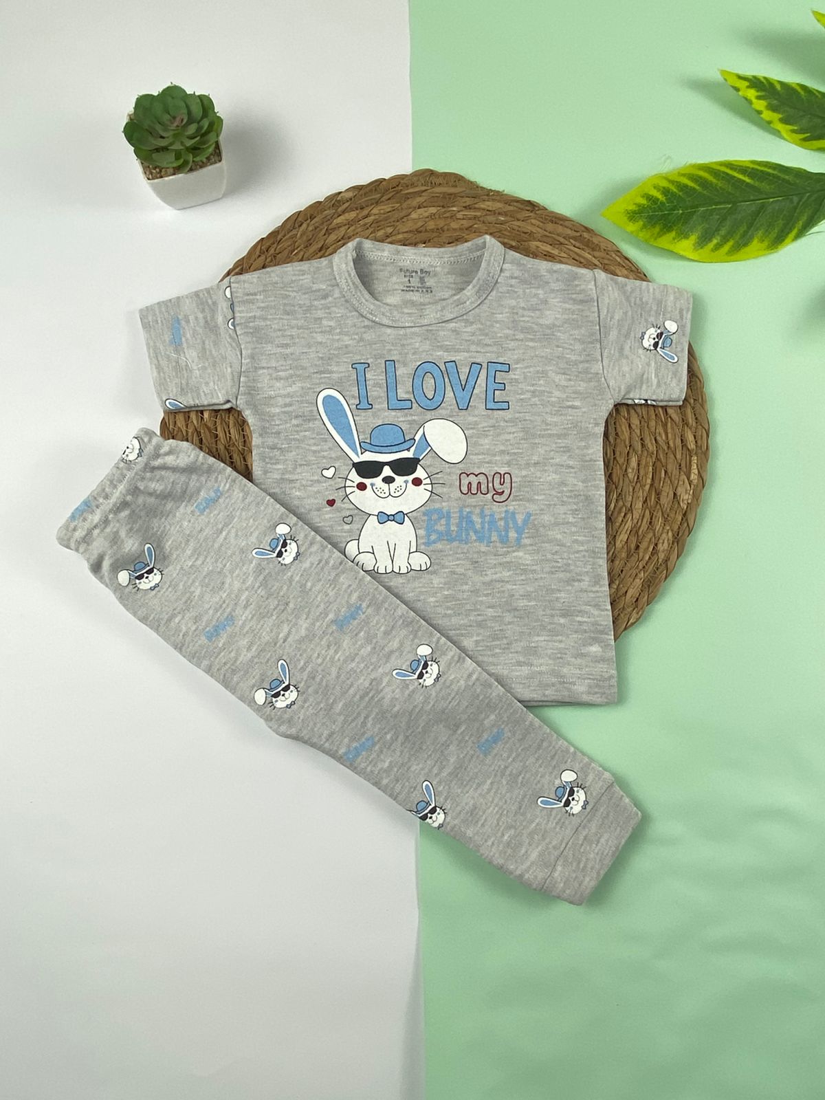 بيجامه بناتي قطن 100% مكون من قطعتين i love my bunny 🤍😍