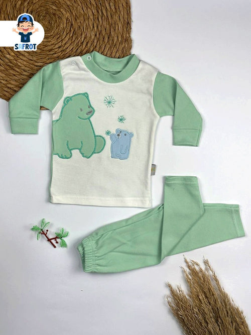 بيجامه اولادي وبناتي قطن 100% خريفي مكون من قطعتين رسمة دبين 🤍🐻‍❄️🐻