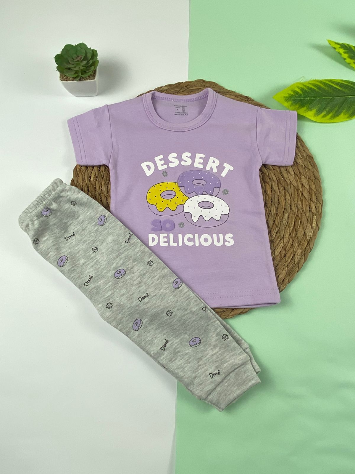 بيجامه صيفي بناتي قطن 100% مكون من قطعتين dessert🤍😍